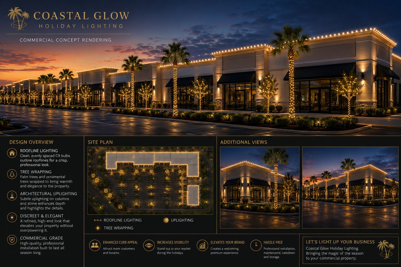 Coastal Glow commercial concept rendering: roofline lighting, tree wrapping, site plan, and additional views for a retail property