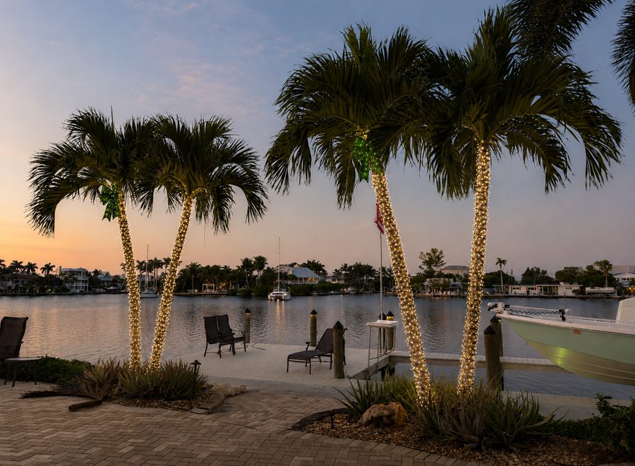 Illuminated palms along a private waterfront dock at sunset