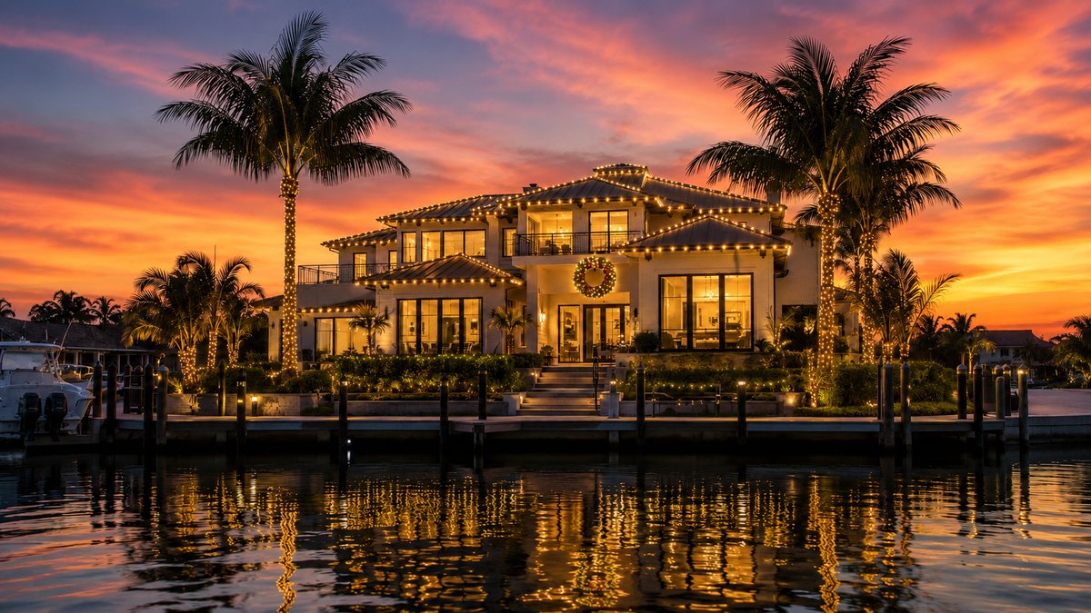 Waterfront estate at sunset with wrapped palms, wreath, and dock reflections
