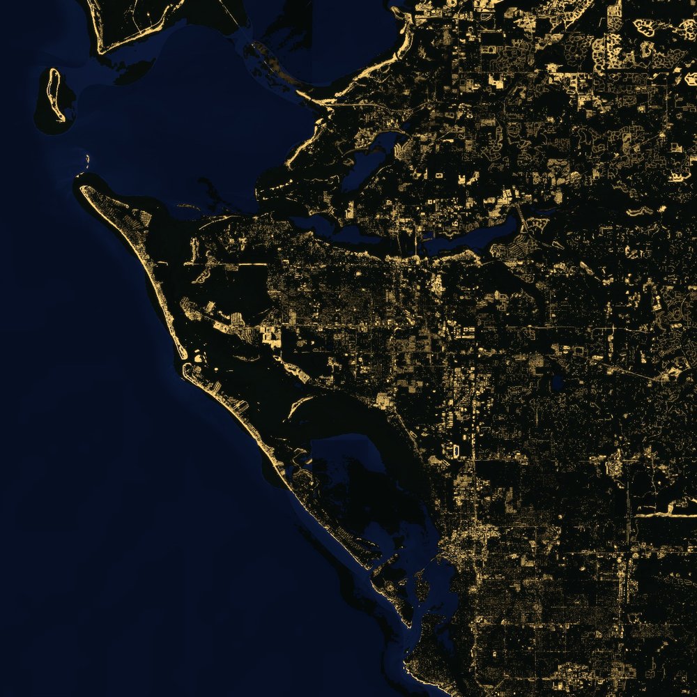 Satellite map of Coastal Glow's Gulf Coast service area, spanning Bradenton, Sarasota, Lakewood Ranch, Anna Maria Island, and Longboat Key